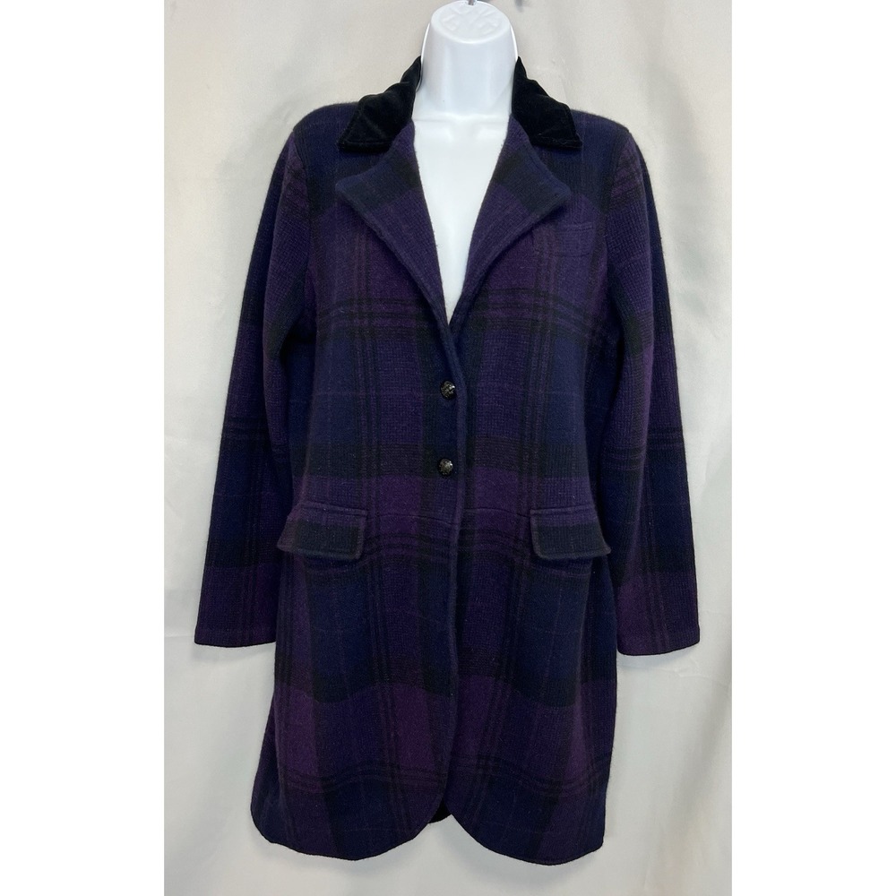 Lauren Ralph Lauren Wool Blend Plaid Coat Purple Black Velvet Collar Women's